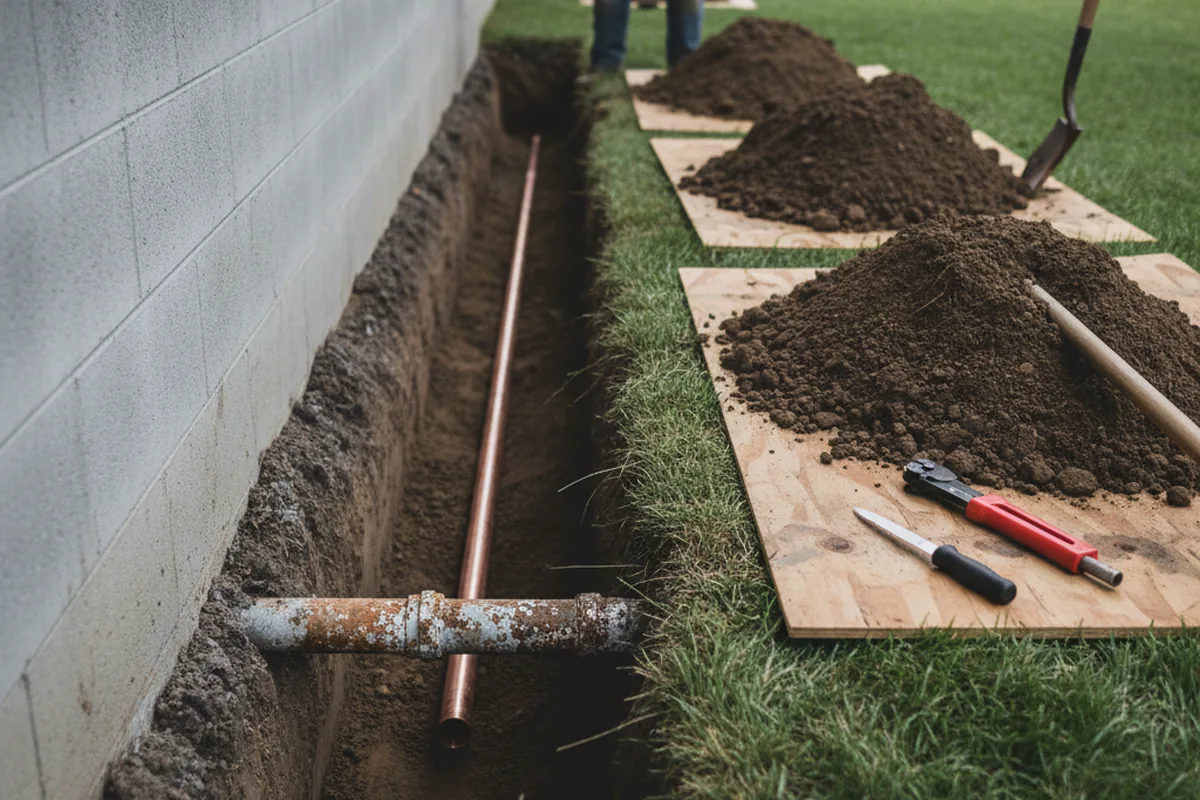 Excavated water line trench during Water Softener Installation in Purlear
